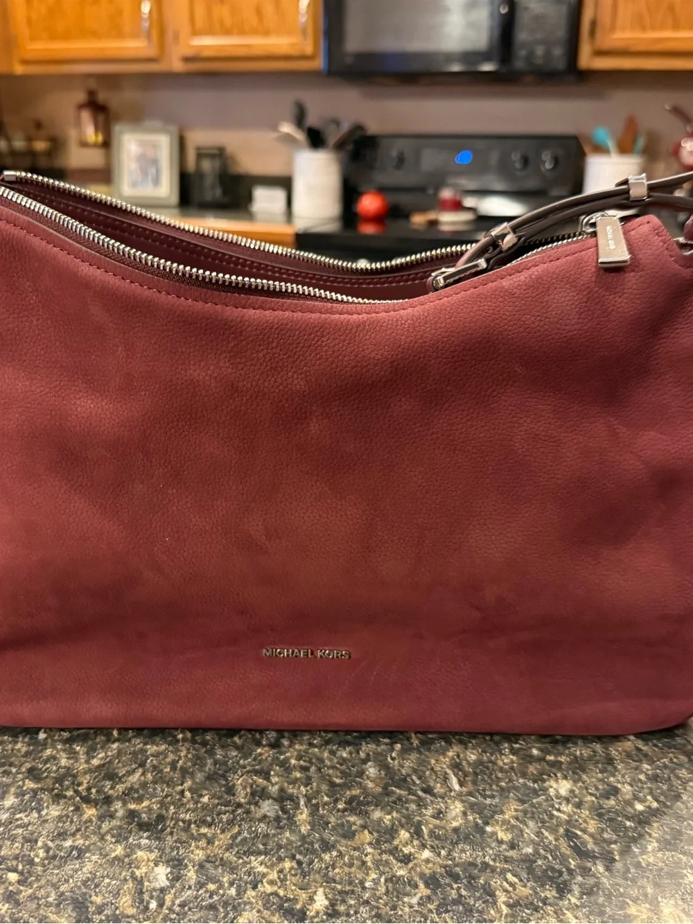 Michael Kors Burgundy Leather Shoulder Bag with Silver MK Charm
